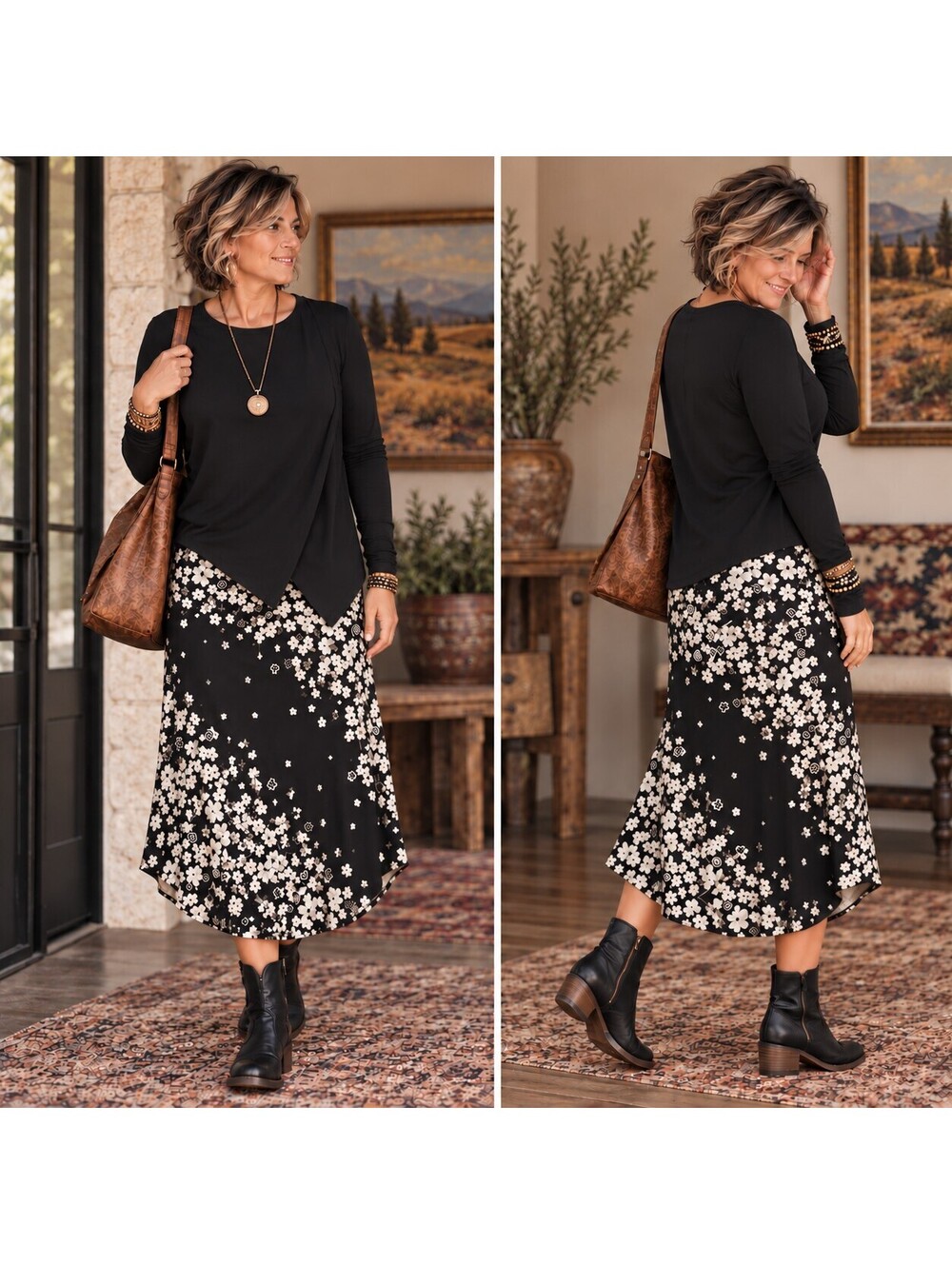 Dip Hem Midi Skirt Chico's Size 4 Black White Floral Stretch 2X or XXL Flatters